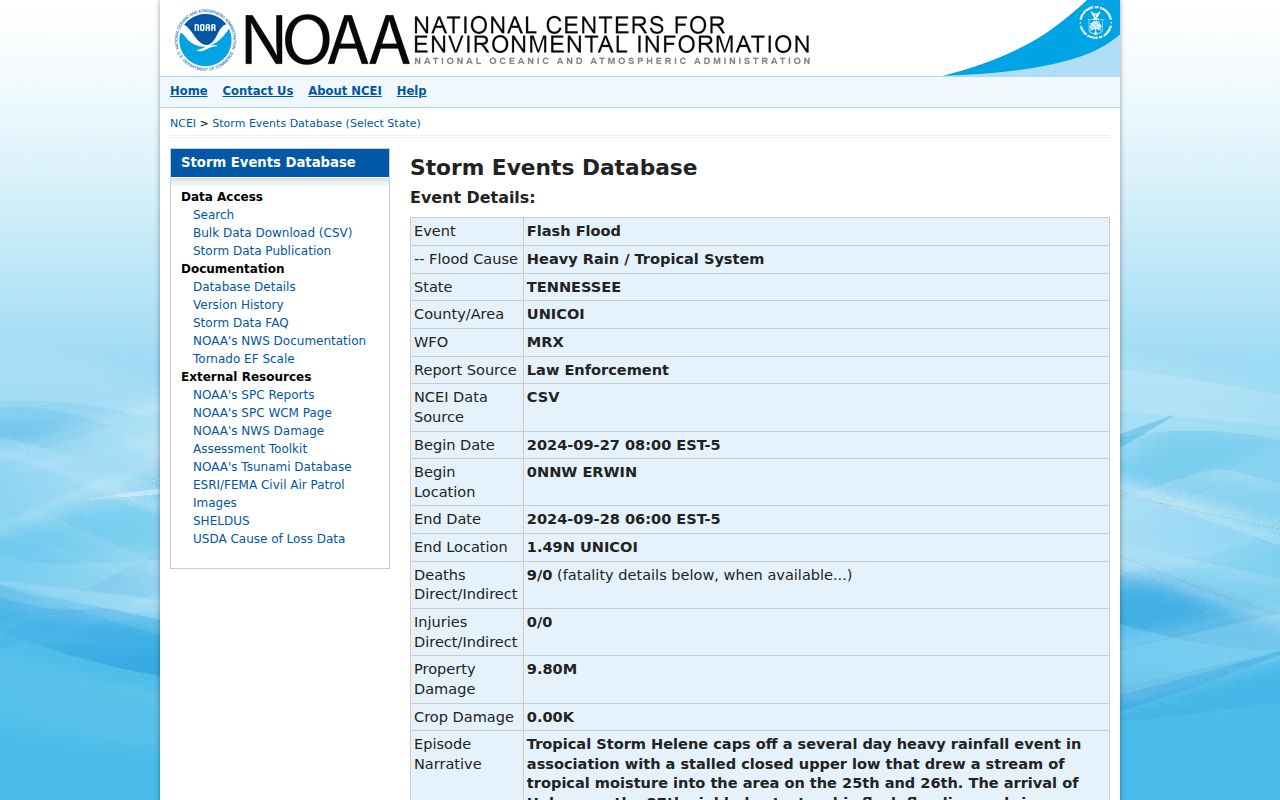 Nolichucky flood event source for Erwin police and emergency records