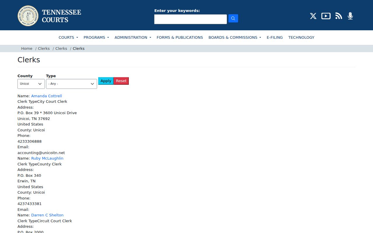 Unicoi County criminal court clerk directory