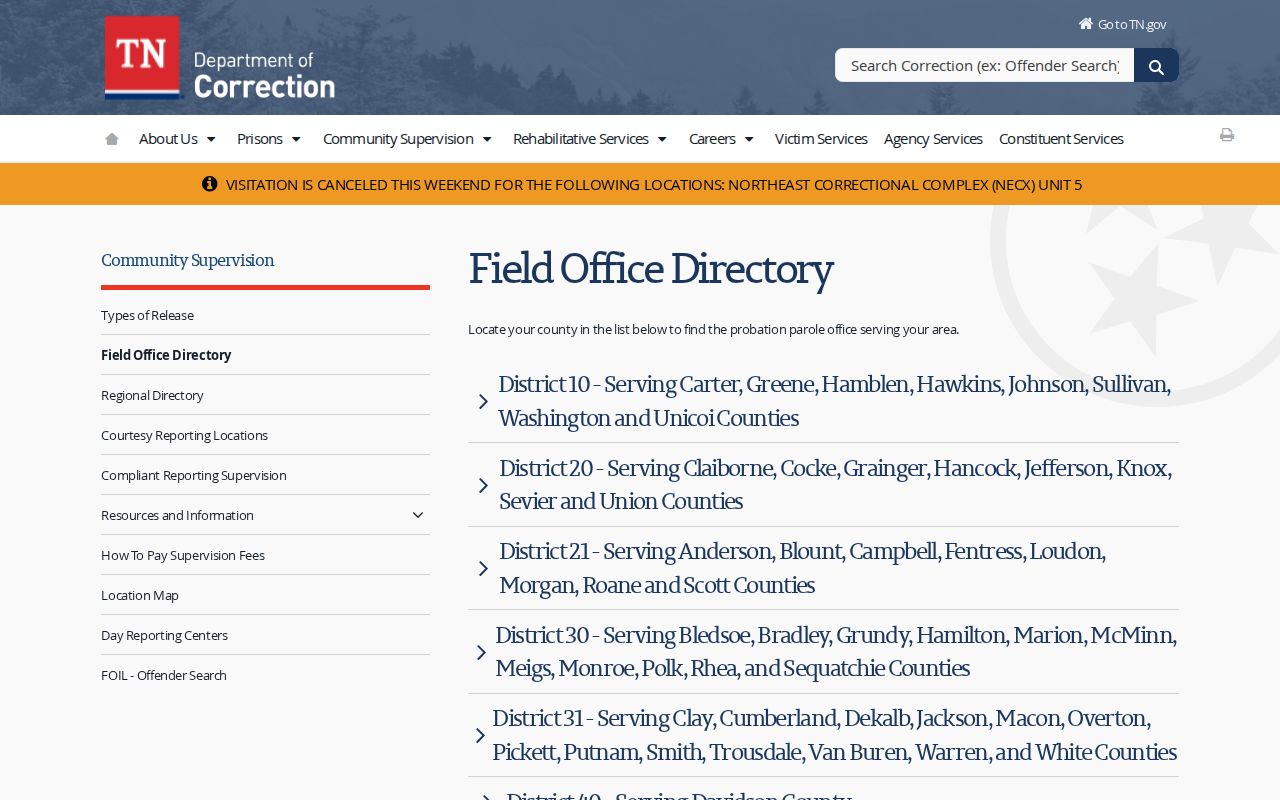 TDOC District 10 community supervision office serving Unicoi County records